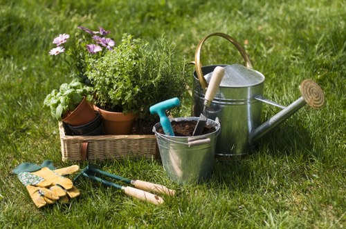 Garden entrance with tools and tidy lawn
